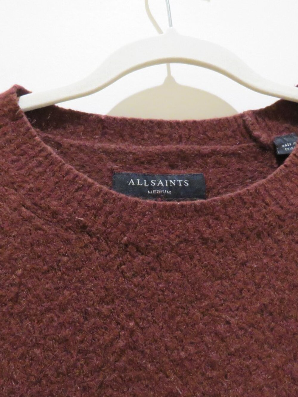 ALL SAINTS Hawk Crew Sweater Wool Yak Blend Burgundy Men's Medium Minimalist - Picture 5 of 12